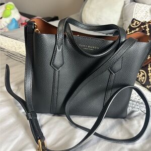 Tory Burch Black Pebbled Leather Shoulder Bag with Tan Interior Trim